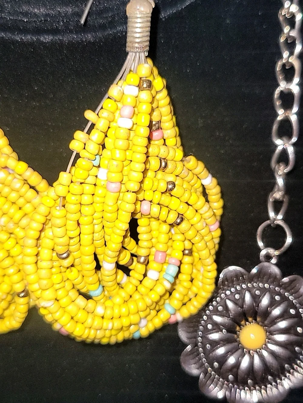Silver Tone Floral Concho Necklace & Mustard Yellow Beaded Earrings Set